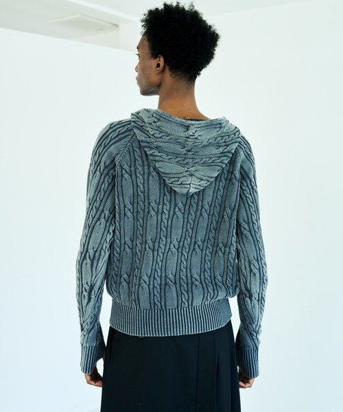 Camphor wood（カンファーウッド）の「STONE WASH DOUBLE ZIP CABLE KNIT HOODIE / ストーンウォッシュ加工ダブルジップケーブル柄ニットフーディ（パーカー・メンズ・ブラック/ブルー系・LARGE/MEDIUM）」の6枚目の写真