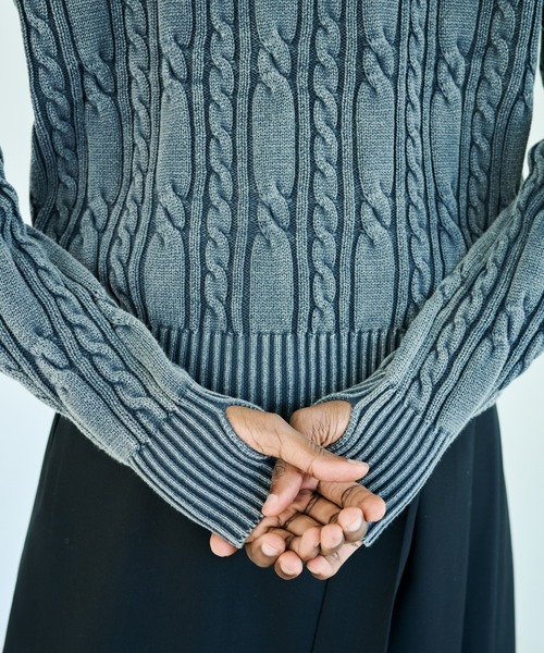 Camphor wood（カンファーウッド）の「STONE WASH DOUBLE ZIP CABLE KNIT HOODIE / ストーンウォッシュ加工ダブルジップケーブル柄ニットフーディ（パーカー・メンズ・ブラック/ブルー系・LARGE/MEDIUM）」の7枚目の写真