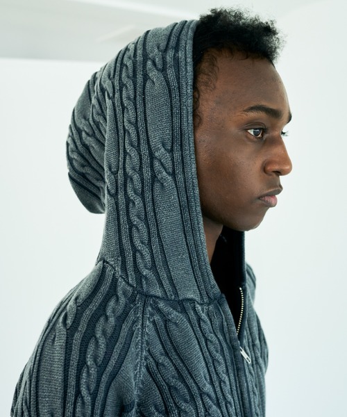 Camphor wood（カンファーウッド）の「STONE WASH DOUBLE ZIP CABLE KNIT HOODIE / ストーンウォッシュ加工ダブルジップケーブル柄ニットフーディ（パーカー・メンズ・ブラック/ブルー系・LARGE/MEDIUM）」の9枚目の写真