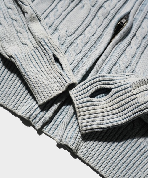 Camphor wood（カンファーウッド）の「STONE WASH DOUBLE ZIP CABLE KNIT HOODIE / ストーンウォッシュ加工ダブルジップケーブル柄ニットフーディ（パーカー・メンズ・ブラック/ブルー系・LARGE/MEDIUM）」の19枚目の写真