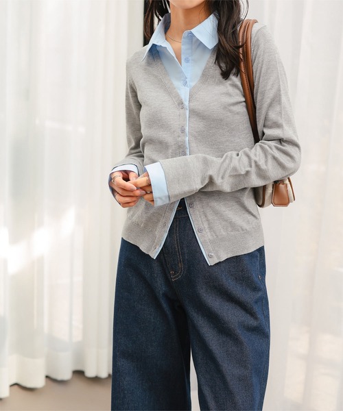 KOBE LETTUCE（コウベレタス）の「シャツレイヤード風ニットカーディガン（カーディガン/ボレロ・レディース・ネイビー/グレー/ピンク・M）」の5枚目の写真