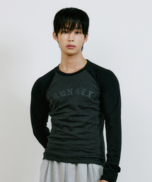 DRUNKTXT（ドランクテキスト）の「ロゴラグラン長袖Tシャツ[ストライプ/ブラック]（Tシャツ/カットソー）」
