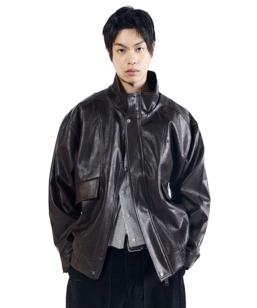 AAKAM レザージャケット Leather Jacket(Brown)サイズ1 セール】Dad Leather Jacket (Brown)（ライダースジャケット）｜AAKAM