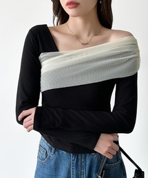 COCOMOMO（ココモモ）の「気分で変えるマルチウェイデザイン チュールドレープトップス 2way ワンショルダートップス チュール ドレープ トップス 長袖 カットソー ワンショル オフショルダー オフショル風（Tシャツ/カットソー）」