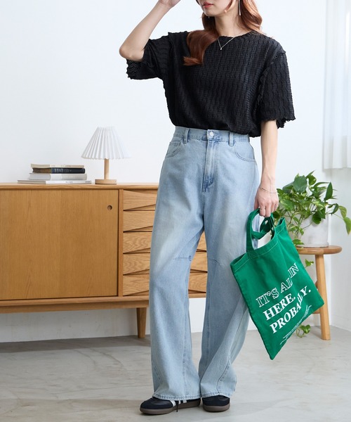 MONO-MART(モノマート)の「クールな着心地|多機能 ポコポコ メロー 優秀Tシャツ (UVカット ・接触冷感・吸水速乾・毛玉防止・マシンウォッシャブル・イージーケア)(Tシャツ/カットソー・レディース・ブラック/ピンク/ブラウン/チャコール/イエロー/ネイビー/オフホワイト/サックスブルー・FREE)」の16枚目の写真