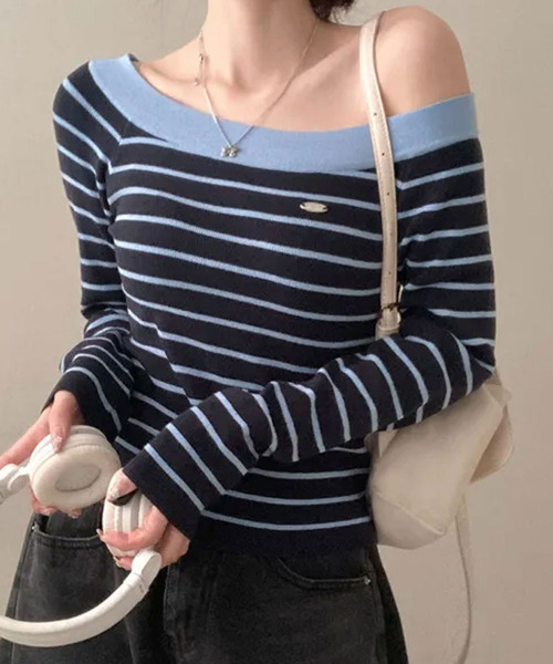 VIVID LADY(ビビッドレディー)の「ボートネック ボーダーロンT(Tシャツ/カットソー・レディース・ピンク/ネイビー/ライトブルー/アイボリー・FREE)」の4枚目の写真