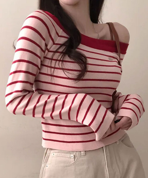 VIVID LADY(ビビッドレディー)の「ボートネック ボーダーロンT(Tシャツ/カットソー・レディース・ピンク/ネイビー/ライトブルー/アイボリー・FREE)」の2枚目の写真