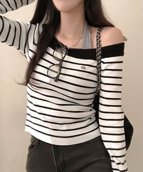 VIVID LADY(ビビッドレディー)の「ボートネック ボーダーロンT(Tシャツ/カットソー・レディース・ピンク/ネイビー/ライトブルー/アイボリー・FREE)」の3枚目の写真