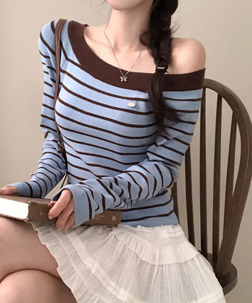 VIVID LADY(ビビッドレディー)の「ボートネック ボーダーロンT(Tシャツ/カットソー・レディース・ピンク/ネイビー/ライトブルー/アイボリー・FREE)」の8枚目の写真