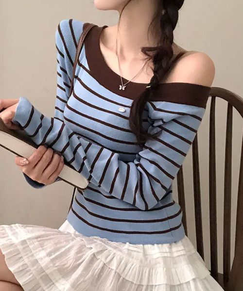 VIVID LADY(ビビッドレディー)の「ボートネック ボーダーロンT(Tシャツ/カットソー・レディース・ピンク/ネイビー/ライトブルー/アイボリー・FREE)」の9枚目の写真
