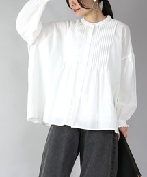 コットン長袖ピンタックブラウス