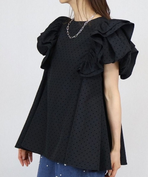 BACKYARD FAMILY(バックヤードファミリー)の「Nau Waleno ナウワレノ ドットショルダーフリルプルオーバー(Tシャツ/カットソー・レディース・ブラック×ホワイト/ブラック×ブラック・FREE)」の9枚目の写真