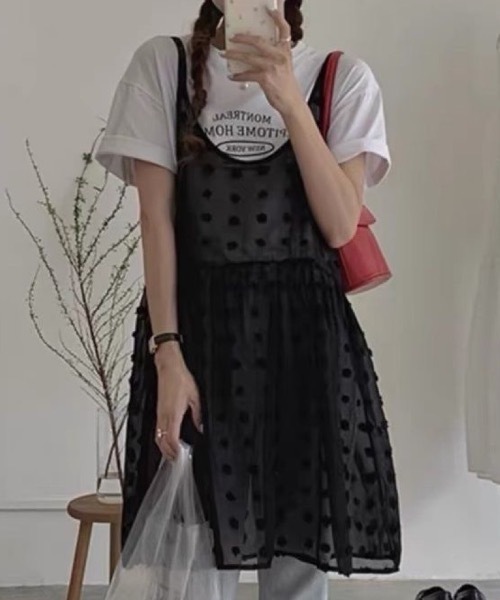 Teem Store（チームストア）の「花柄シアーキャミワンピース 重ね着 レイヤード着（ワンピース・レディース・ブラック/ホワイト・F）」の7枚目の写真