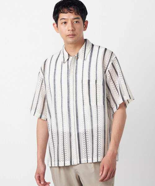 COMME CA ISM(コムサイズム)の「クロシェ編み風 ストライプ柄レース ショートポイントカラーシャツ(シャツ/ブラウス・メンズ・ホワイト/ブルー・LARGE/MEDIUM)」の8枚目の写真