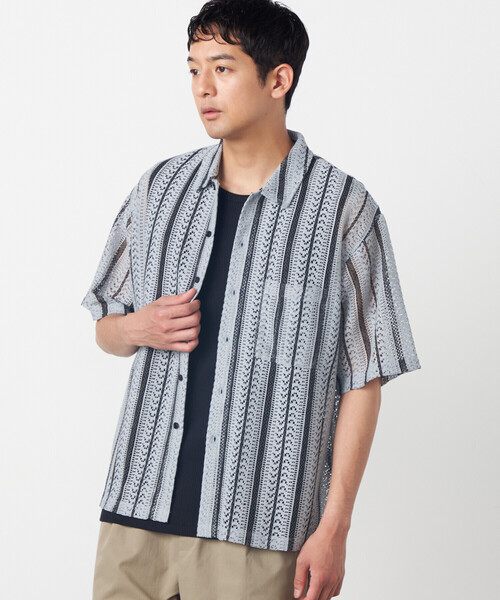 COMME CA ISM(コムサイズム)の「クロシェ編み風 ストライプ柄レース ショートポイントカラーシャツ(シャツ/ブラウス・メンズ・ホワイト/ブルー・LARGE/MEDIUM)」の11枚目の写真