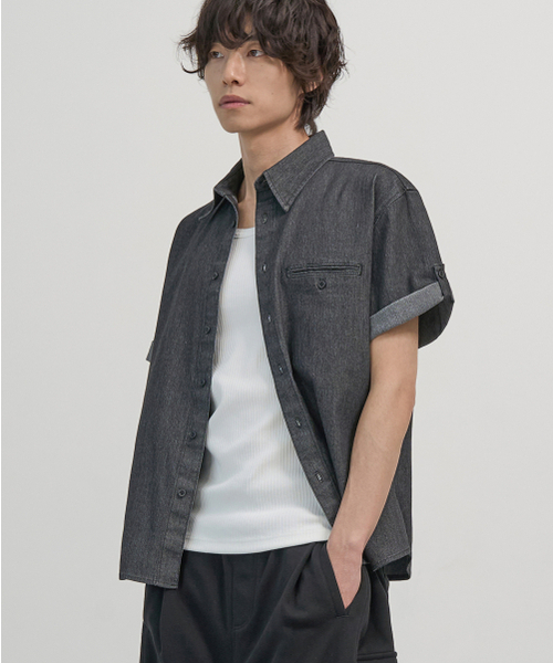 EXCONTAINER(エックスコンテナ)の「ローフェイドハーフデニムシャツ (WASHED BLACK)(シャツ/ブラウス・メンズ・その他・MEDIUM/LARGE/X-LARGE)」の1枚目の写真