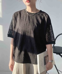 ◯接触冷感 布帛とレース ゆったりリブプルオーバー