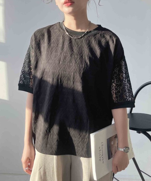 AS KNOW AS plus(アズノゥアズプラス)の「◯接触冷感 布帛とレース ゆったりリブプルオーバー(Tシャツ/カットソー・レディース・ブラック系/イエロー系/ブルー系・FREE)」の2枚目の写真