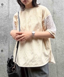 AS KNOW AS plus | ◯接触冷感 布帛とレース ゆったりリブプルオーバー(Tシャツ/カットソー)