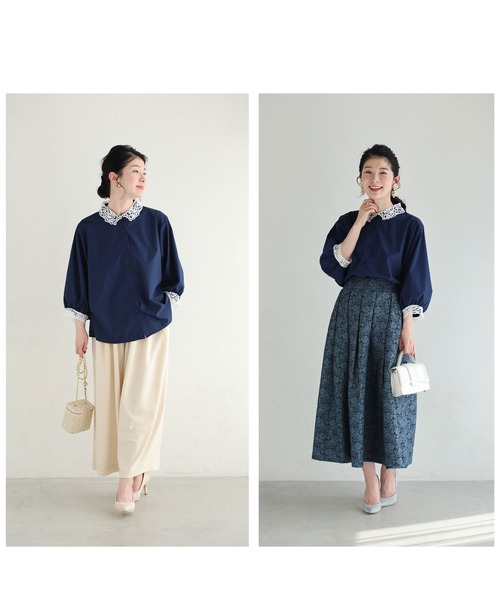 cawaii(カワイイ)の「レースを添えたサイドタックブラウストップス(シャツ/ブラウス・レディース・ネイビー/ストライプ・FREE)」の4枚目の写真