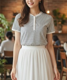 【マリン・大人カジュアル】ボーダー柄ヘンリーネック半袖Tシャツ/総丈59.5cm・2色展開|きれいめカジュアル 着回し 春夏