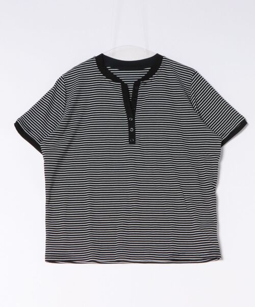 BY THE BAY（バイザベイ）の「【マリン・大人カジュアル】ボーダー柄ヘンリーネック半袖Tシャツ/総丈59.5cm・2色展開｜きれいめカジュアル 着回し 春夏（Tシャツ/カットソー・レディース・ブラック/ホワイト×ブラック・FREE）」の4枚目の写真