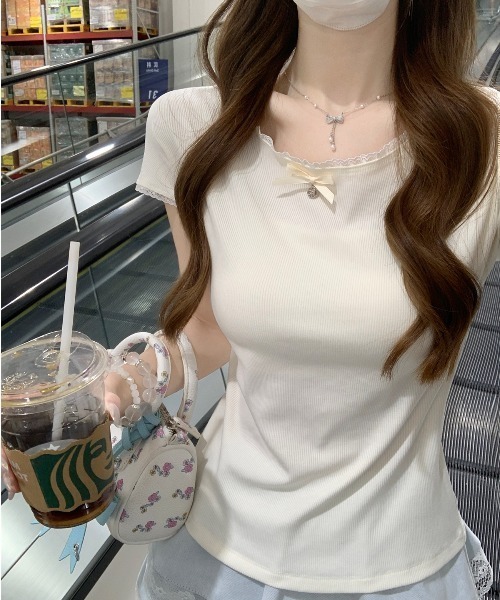 CHUL(チュル)の「リブニット リボンデザイン半袖トップス(その他トップス・レディース・ホワイト/ブルー・X-LARGE/LARGE/MEDIUM/SMALL)」の1枚目の写真