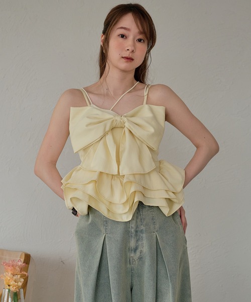mideal（マイディール）の「ribbon frill peplum bustier / リボンフリルペプラムビスチェ（キャミソール・レディース・イエロー/ホワイト/グレー/ピンク・FREE）」の7枚目の写真