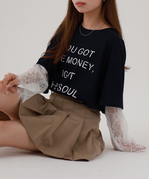 FUNALIVE(ファンアライブ)の「je crois soi レース袖 ロゴプリントカットソー(Tシャツ/カットソー・レディース・ピンク/オフホワイト/ネイビー・FREE)」の2枚目の写真