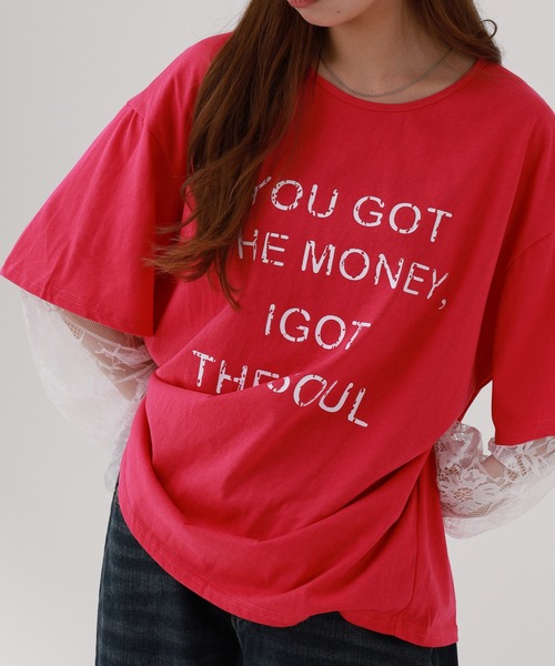FUNALIVE(ファンアライブ)の「je crois soi レース袖 ロゴプリントカットソー(Tシャツ/カットソー・レディース・ピンク/オフホワイト/ネイビー・FREE)」の3枚目の写真