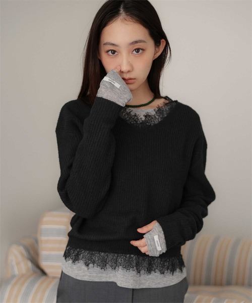 miette(ミエット)の「レースドッキングVネックニット(ニット/セーター・レディース・グレー/ブラウン/ブラック・FREE)」の9枚目の写真