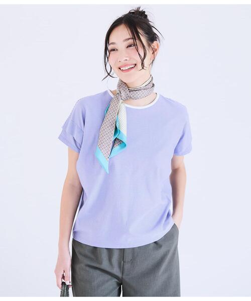 NEWYORKER(ニューヨーカー)の「【接触冷感】シルケットストライプ タックドルマンプルオーバー(Tシャツ/カットソー・レディース・ライトグレー/ブルー・LARGE/MEDIUM)」の2枚目の写真