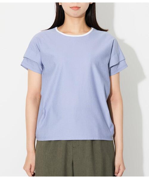 NEWYORKER(ニューヨーカー)の「【接触冷感】シルケットストライプ タックドルマンプルオーバー(Tシャツ/カットソー・レディース・ライトグレー/ブルー・LARGE/MEDIUM)」の3枚目の写真