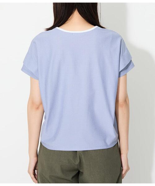 NEWYORKER(ニューヨーカー)の「【接触冷感】シルケットストライプ タックドルマンプルオーバー(Tシャツ/カットソー・レディース・ライトグレー/ブルー・LARGE/MEDIUM)」の4枚目の写真