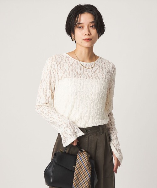 green label relaxing(グリーンレーベルリラクシング)の「レース プルオーバー カットソー(Tシャツ/カットソー・レディース・ダークブラウン/オフホワイト/ブラック・FREE)」の1枚目の写真