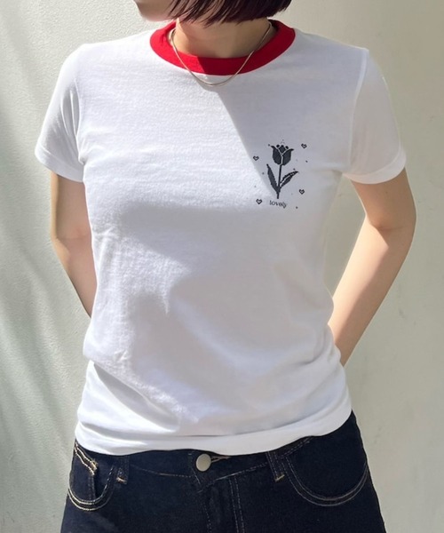 BLOOMING CHARM(ブルーミングチャーム)の「Lovely Tulip Mini T-shirt(Tシャツ/カットソー・レディース・レッド/ネイビー/ブラック・ONE SIZE)」の1枚目の写真