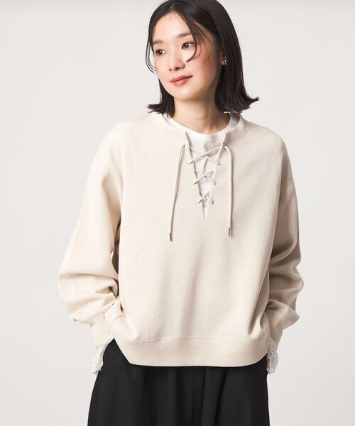 green label relaxing(グリーンレーベルリラクシング)の「【WEB限定】<at ease>ダブルフェイス レースアップ プルオーバー カットソー(Tシャツ/カットソー・レディース・ブラック/ナチュラル・FREE)」の2枚目の写真
