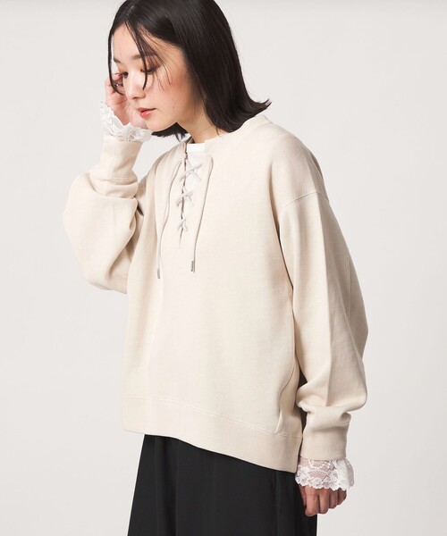 green label relaxing(グリーンレーベルリラクシング)の「【WEB限定】<at ease>ダブルフェイス レースアップ プルオーバー カットソー(Tシャツ/カットソー・レディース・ブラック/ナチュラル・FREE)」の4枚目の写真