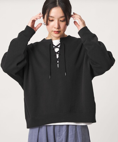 green label relaxing(グリーンレーベルリラクシング)の「【WEB限定】<at ease>ダブルフェイス レースアップ プルオーバー カットソー(Tシャツ/カットソー・レディース・ブラック/ナチュラル・FREE)」の8枚目の写真