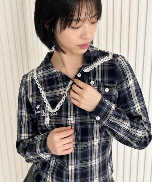 HOOK(フック)の「HOOK for girls アシメ襟斜めボタンチェックシャツ(シャツ/ブラウス・レディース・ブラック・FREE)」の10枚目の写真