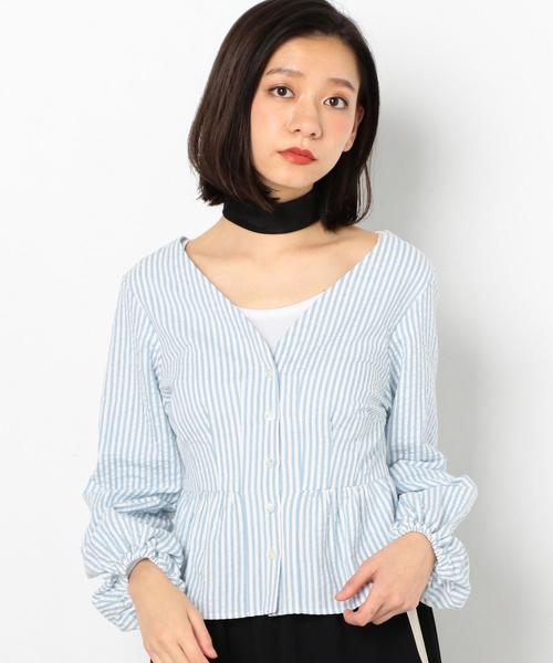 Another Edition(アナザーエディション)の「サッカーストライプブラウス/ AEMFC SUCKER ST BLUS(シャツ/ブラウス・レディース・ライトブルー/ネイビー・FREE)」の1枚目の写真