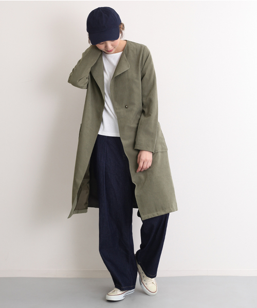 MERLOT（メルロー）の「ウエストリボンノーカラーフレアコート501-6591TK（その他アウター・レディース・ネイビー/ブラック/カーキ/ピンクベージュ/ライトブルー/グレー/キャメル・FREE）」の4枚目の写真