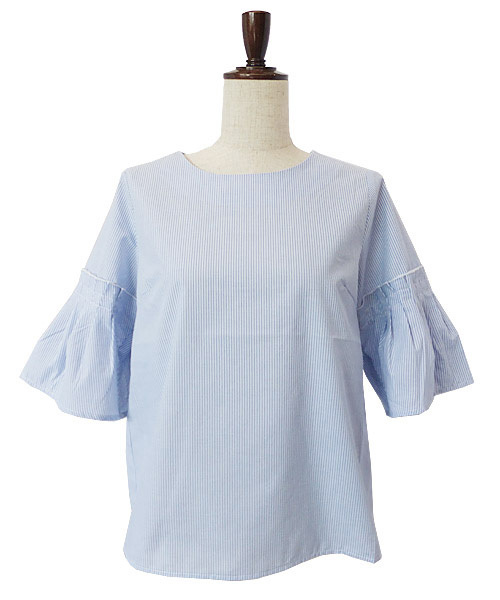 BLUEEAST（ブルーイースト）の「ボリュームギャザー袖ブラウス（シャツ/ブラウス・レディース・オフホワイト/オレンジ/ネイビー/ストライプ・MEDIUM）」の4枚目の写真