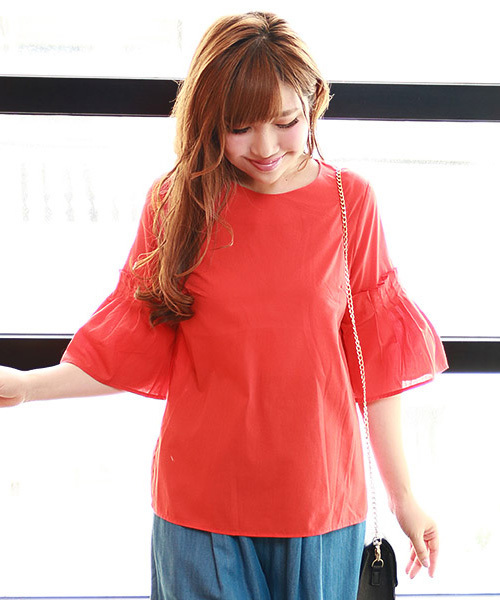 BLUEEAST（ブルーイースト）の「ボリュームギャザー袖ブラウス（シャツ/ブラウス・レディース・オフホワイト/オレンジ/ネイビー/ストライプ・MEDIUM）」の18枚目の写真