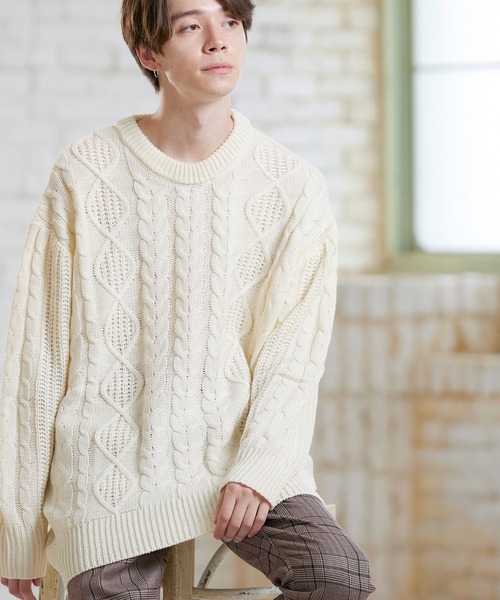 MONO-MART(モノマート)の「ビッグシルエットアラン編みクルーネックケーブルニットセーター2019-2020WINTER(MONO-MART)(ニット/セーター)」|アイボリー