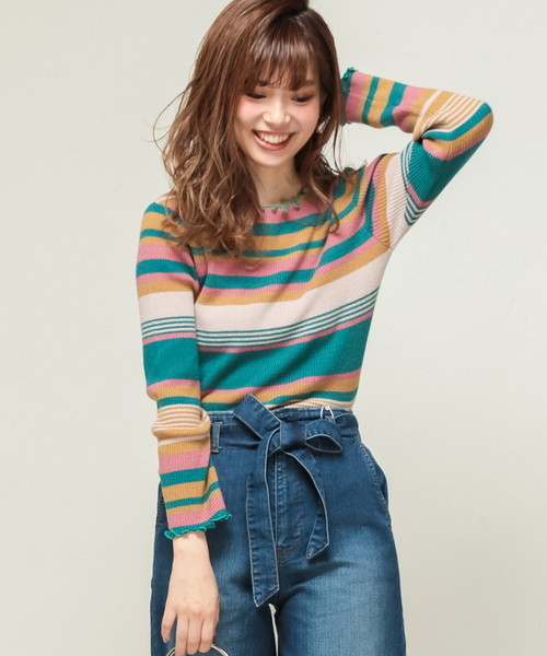 natural couture(ナチュラルクチュール)の「PPメローフリルニット(ニット/セーター・レディース・ブラック/ネイビー/グリーン/アイボリー/マスタード/ピンク系その他・FREE)」の1枚目の写真
