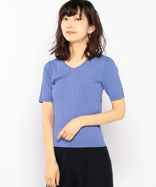 A/C DESIGN BY ALPHA CUBIC（エーシーデザインバイアルファキュービック）の「Vネックリブニット（ニット/セーター・レディース・サックスブルー/ピンク/オフホワイト/ネイビー・M size/L size）」の3枚目の写真