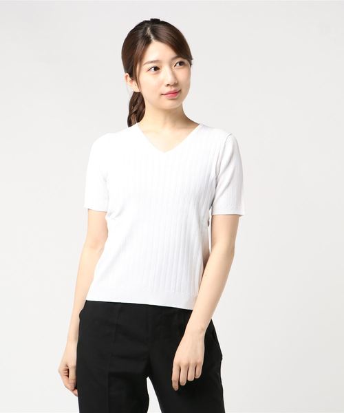 A/C DESIGN BY ALPHA CUBIC（エーシーデザインバイアルファキュービック）の「Vネックリブニット（ニット/セーター・レディース・サックスブルー/ピンク/オフホワイト/ネイビー・M size/L size）」の7枚目の写真