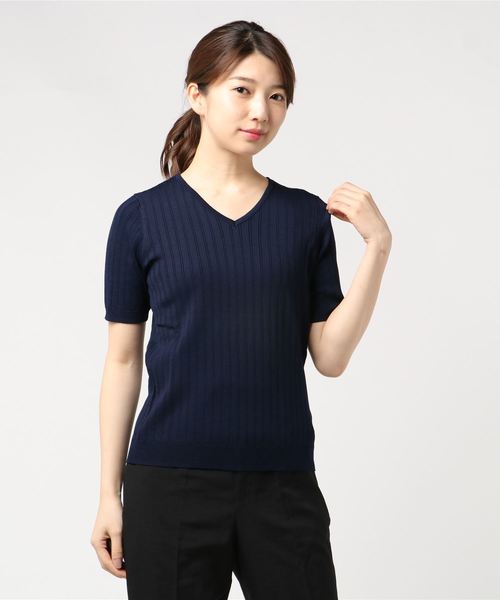 A/C DESIGN BY ALPHA CUBIC（エーシーデザインバイアルファキュービック）の「Vネックリブニット（ニット/セーター・レディース・サックスブルー/ピンク/オフホワイト/ネイビー・M size/L size）」の8枚目の写真