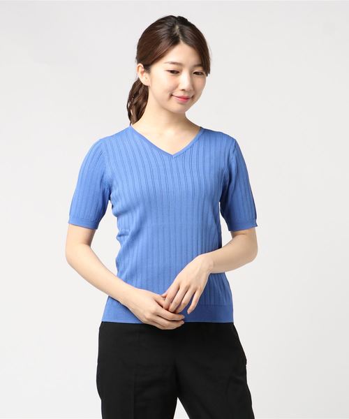 A/C DESIGN BY ALPHA CUBIC（エーシーデザインバイアルファキュービック）の「Vネックリブニット（ニット/セーター・レディース・サックスブルー/ピンク/オフホワイト/ネイビー・M size/L size）」の9枚目の写真